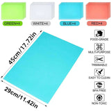 Refrigerator Silicone Shelf Liner in blue with size 45x29 cm, shown with color options and features like BPA-free, food-grade, and easy to clean.