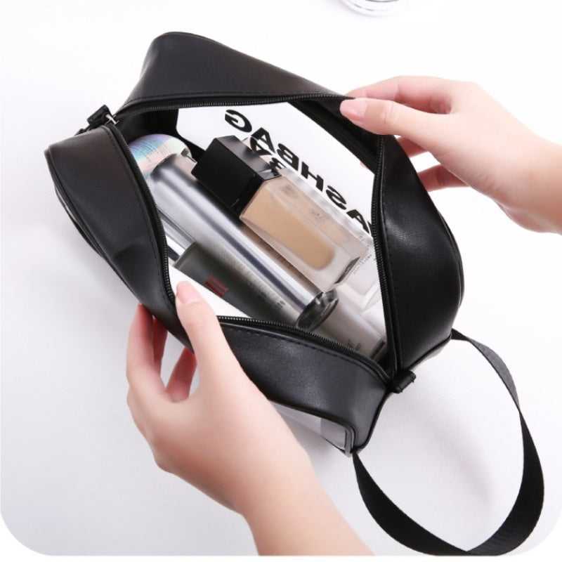 Close-up of Waterproof Travel Makeup Bag opened, displaying organized storage of skincare and makeup products in a compact design.