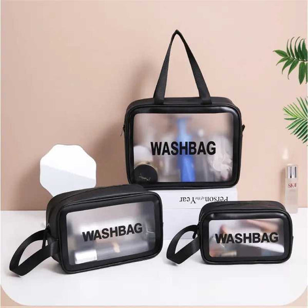 Waterproof Travel Makeup Bag Set - 3PCS in black with transparent front, ideal for organizing cosmetics and toiletries while traveling.