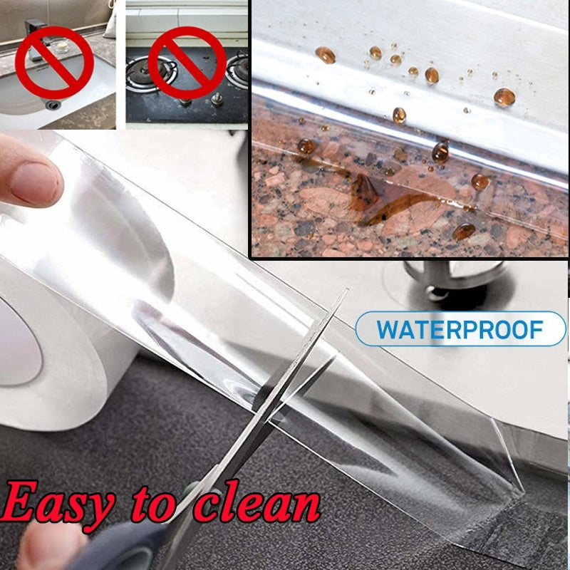 Sink Waterproof Adhesive Tape being cut and applied to a kitchen surface, showing waterproof and easy-to-clean features for home improvement use.