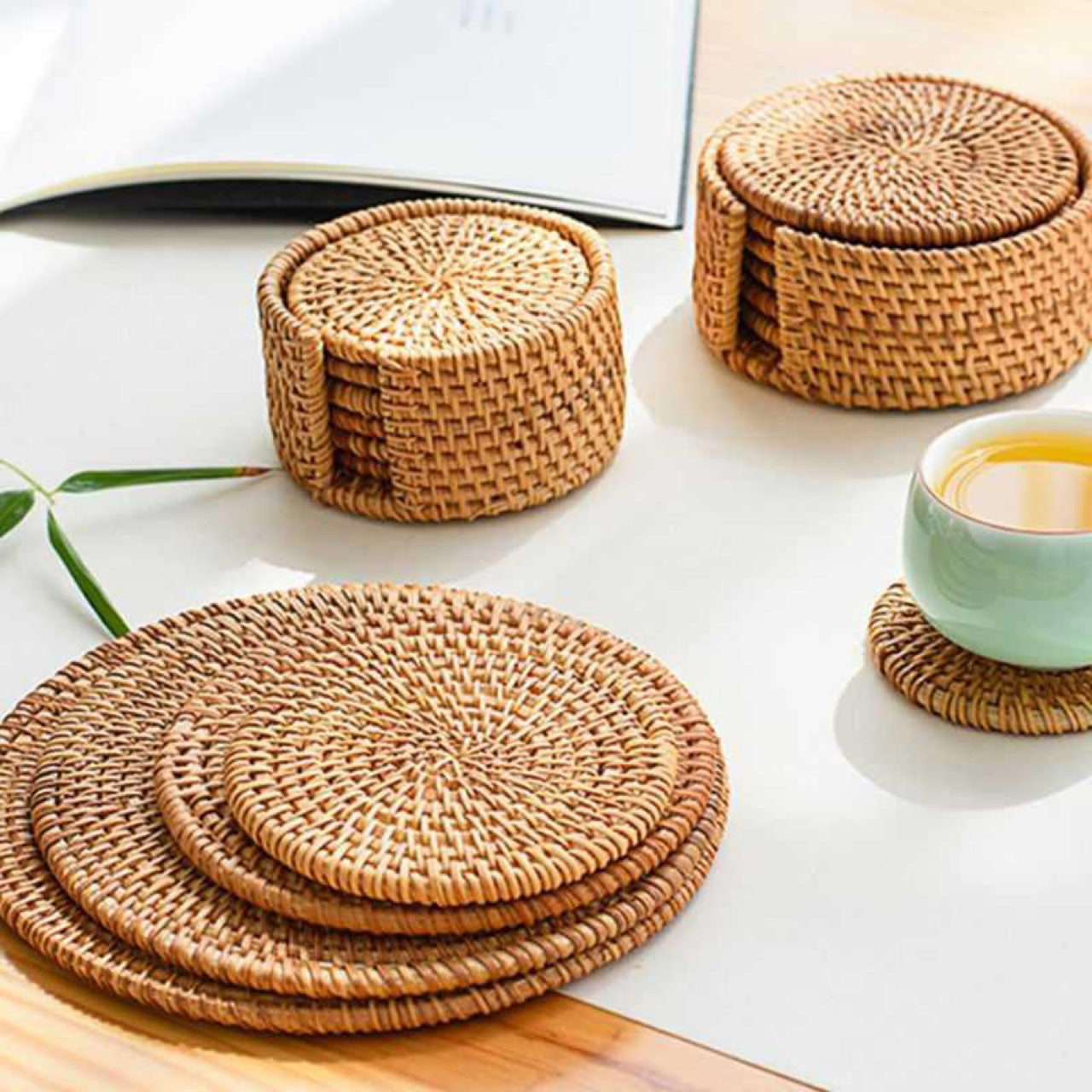 Woven Rattan Coaster Set with Holder