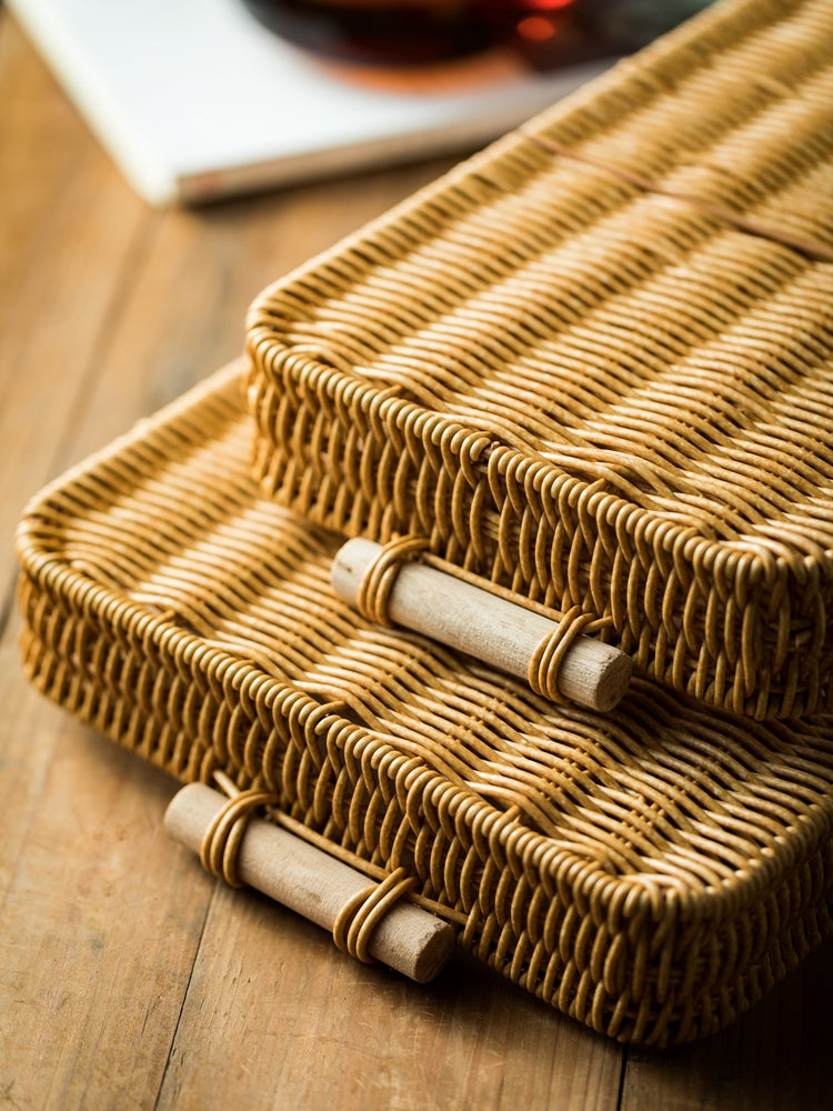Rattan Design Plastic Bread Serving Rectangular Tray