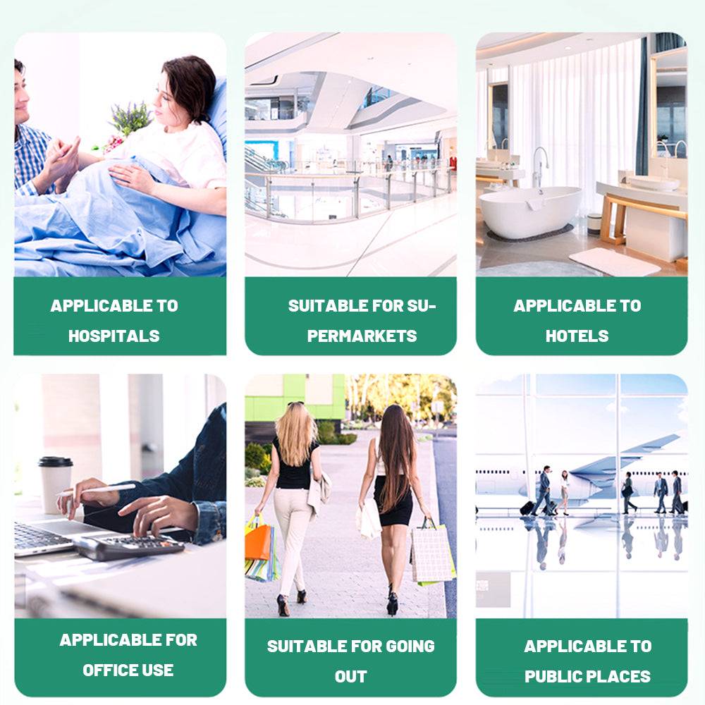 Usage scenarios for disposable toilet seat covers including hospitals, hotels, supermarkets, offices, travel, and public places.