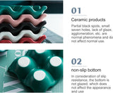 Stacked Ceramic Egg Holders in multiple colors with non-slip bottom feature, highlighting quality and practicality for kitchen storage.