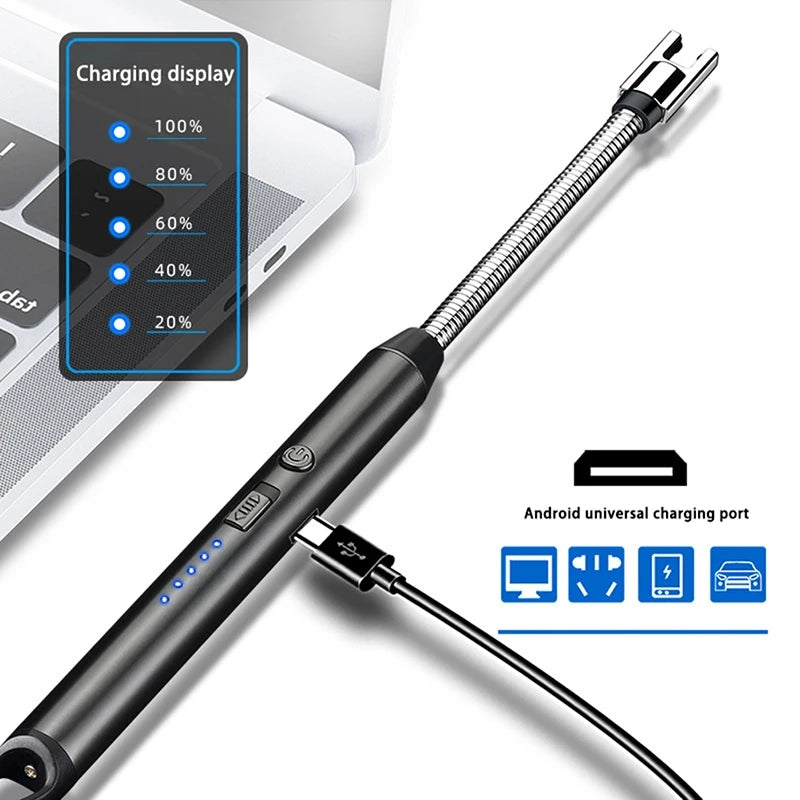 ARC BBQ Lighter USB connected to a laptop via USB for charging, featuring LED battery indicator and universal charging port.
