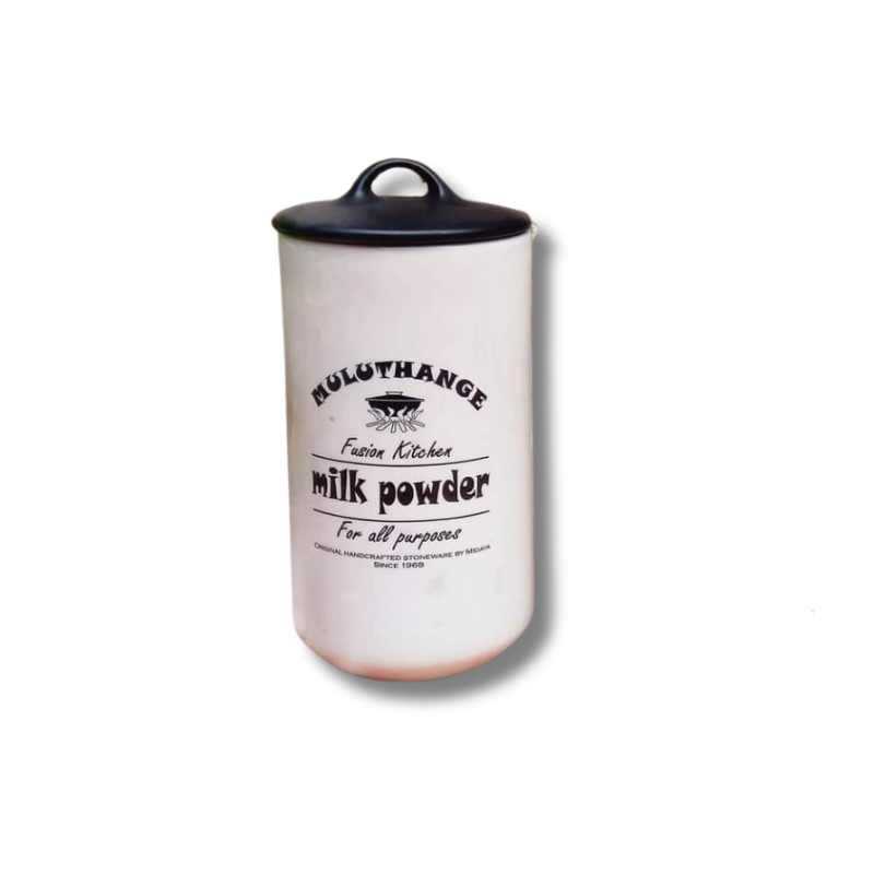 Muluthange large ceramic jar labeled milk powder with black airtight lid. Stylish food storage container for kitchen organization in Sri Lanka.