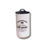 Muluthange large ceramic jar labeled milk powder with black airtight lid. Stylish food storage container for kitchen organization in Sri Lanka.
