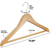 Premium Solid Wood Coat Hangers with Non-Slip Bar & 360° Swivel Hook