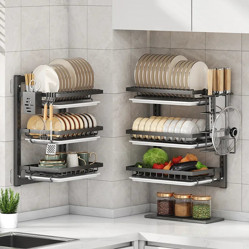 Wall-Mounted Kitchen Dish Rack Organizer with Drainboard
