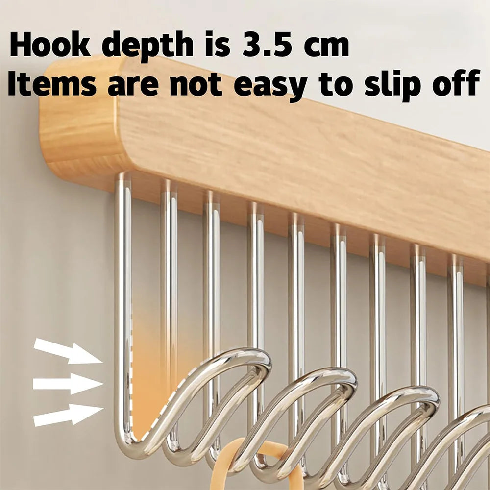 Wall-Mounted Retractable Wooden Hanger Storage Rack with Utility Hooks