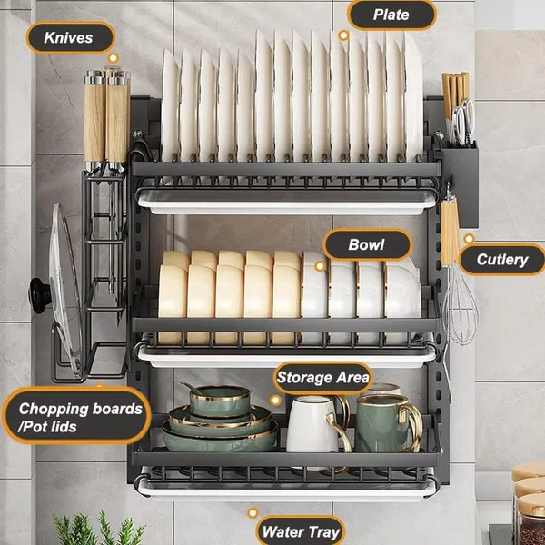 Wall-Mounted Kitchen Dish Rack Organizer with Drainboard