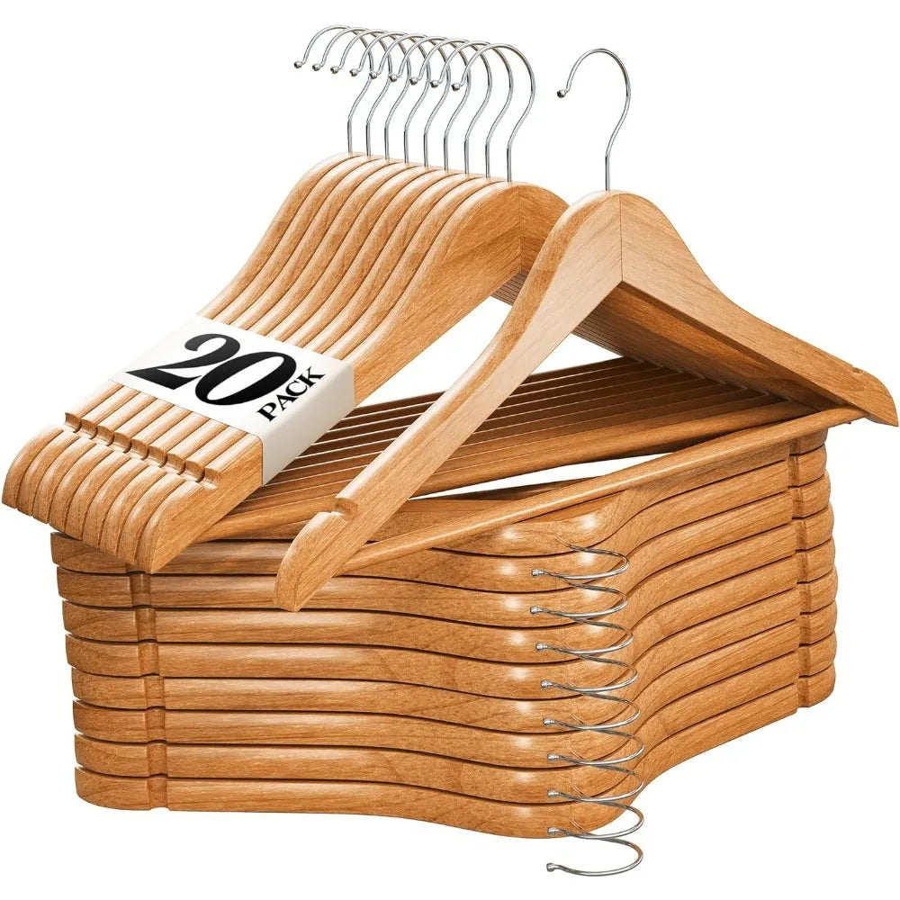 Premium Solid Wood Coat Hangers with Non-Slip Bar & 360° Swivel Hook