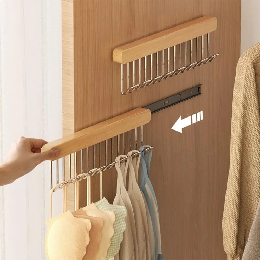 Wall-Mounted Retractable Wooden Hanger Storage Rack with Utility Hooks