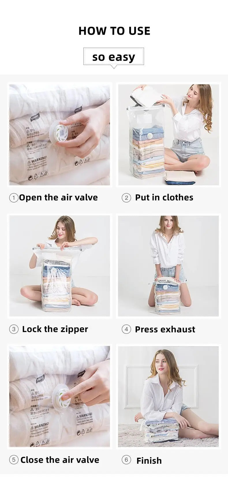 Home Storage Vacuum Bags for Storing Clothes Blankets No Pump Need