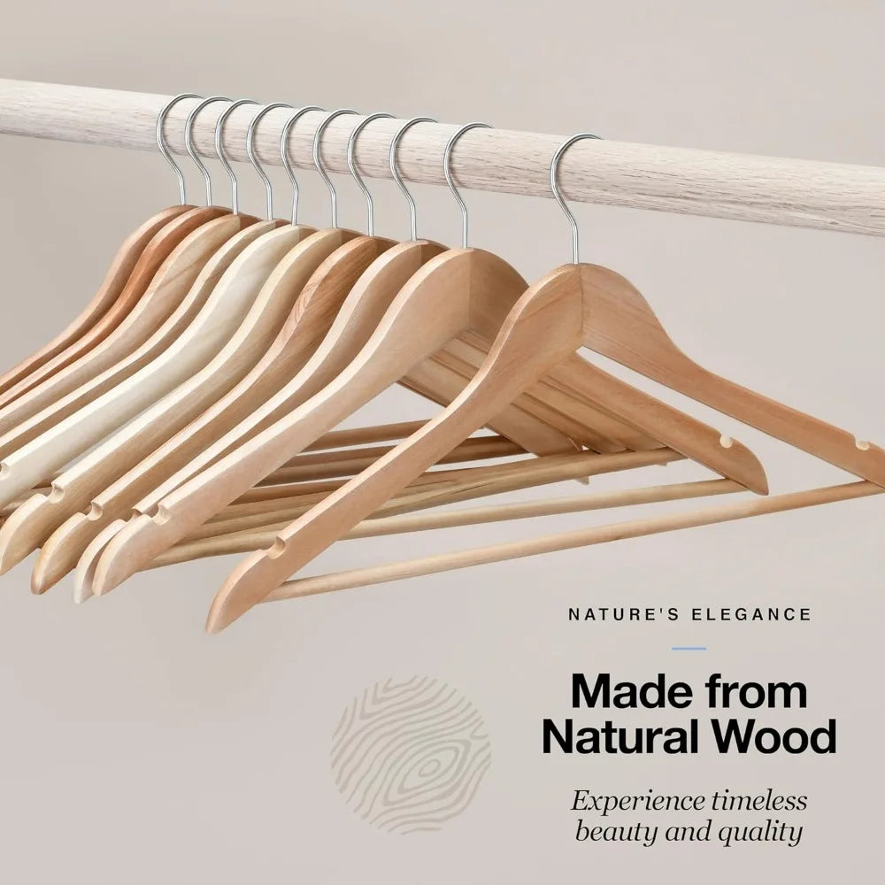 Premium Solid Wood Coat Hangers with Non-Slip Bar & 360° Swivel Hook