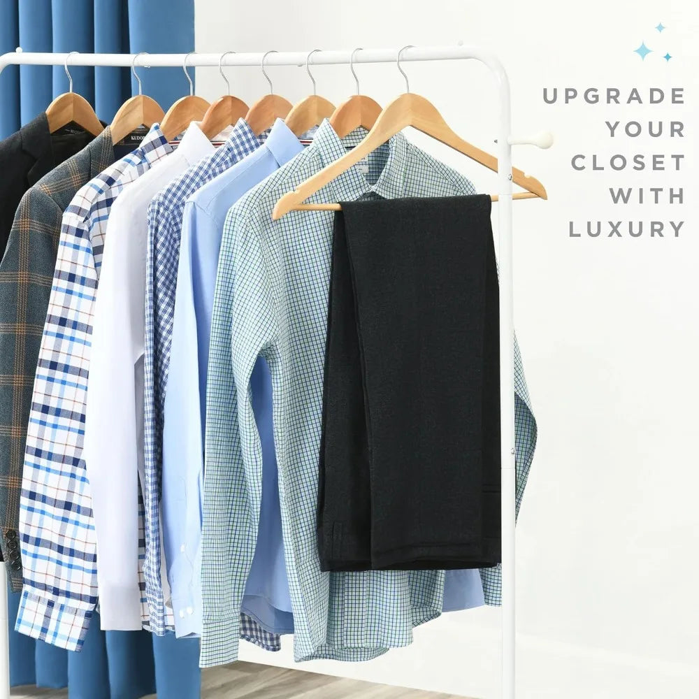Premium Solid Wood Coat Hangers with Non-Slip Bar & 360° Swivel Hook