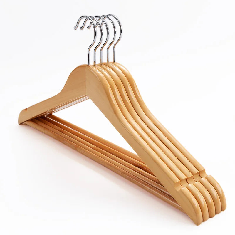 Premium Solid Wood Coat Hangers with Non-Slip Bar & 360° Swivel Hook