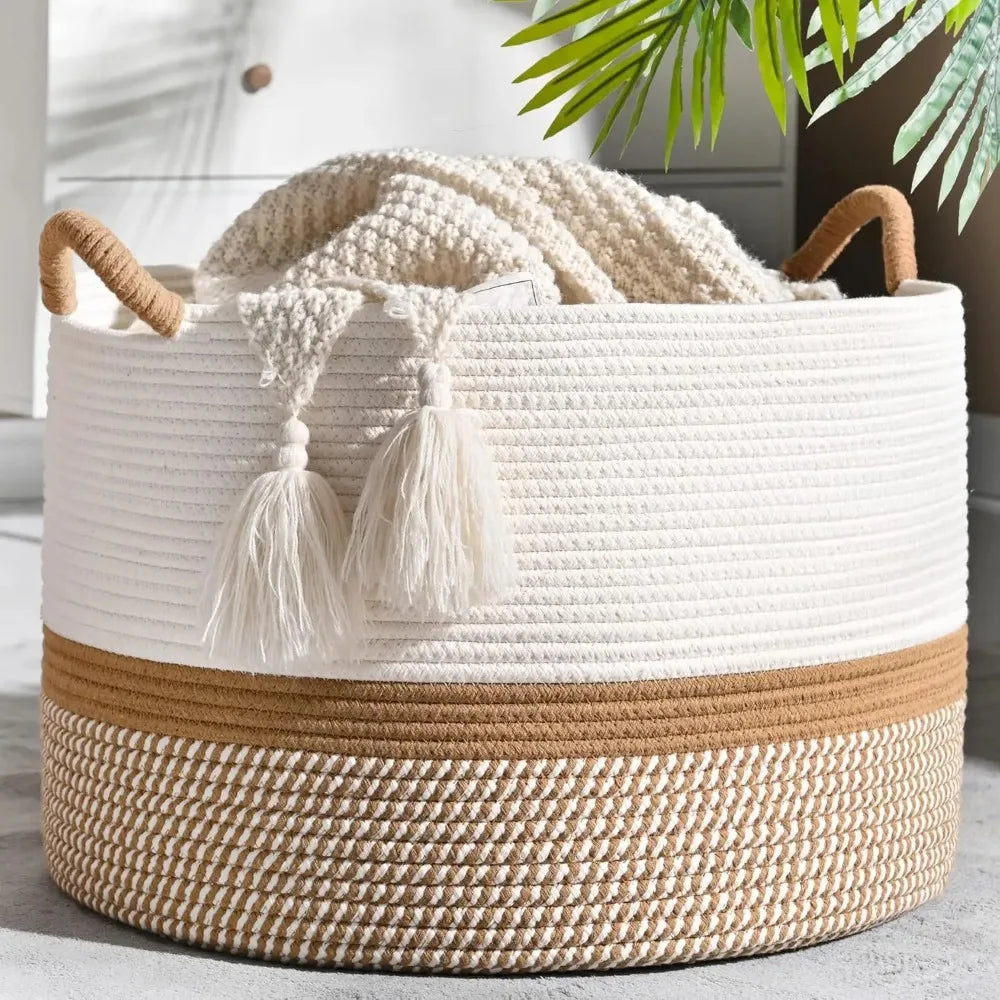 Large Cotton Rope Woven Storage Basket – Blanket & Laundry