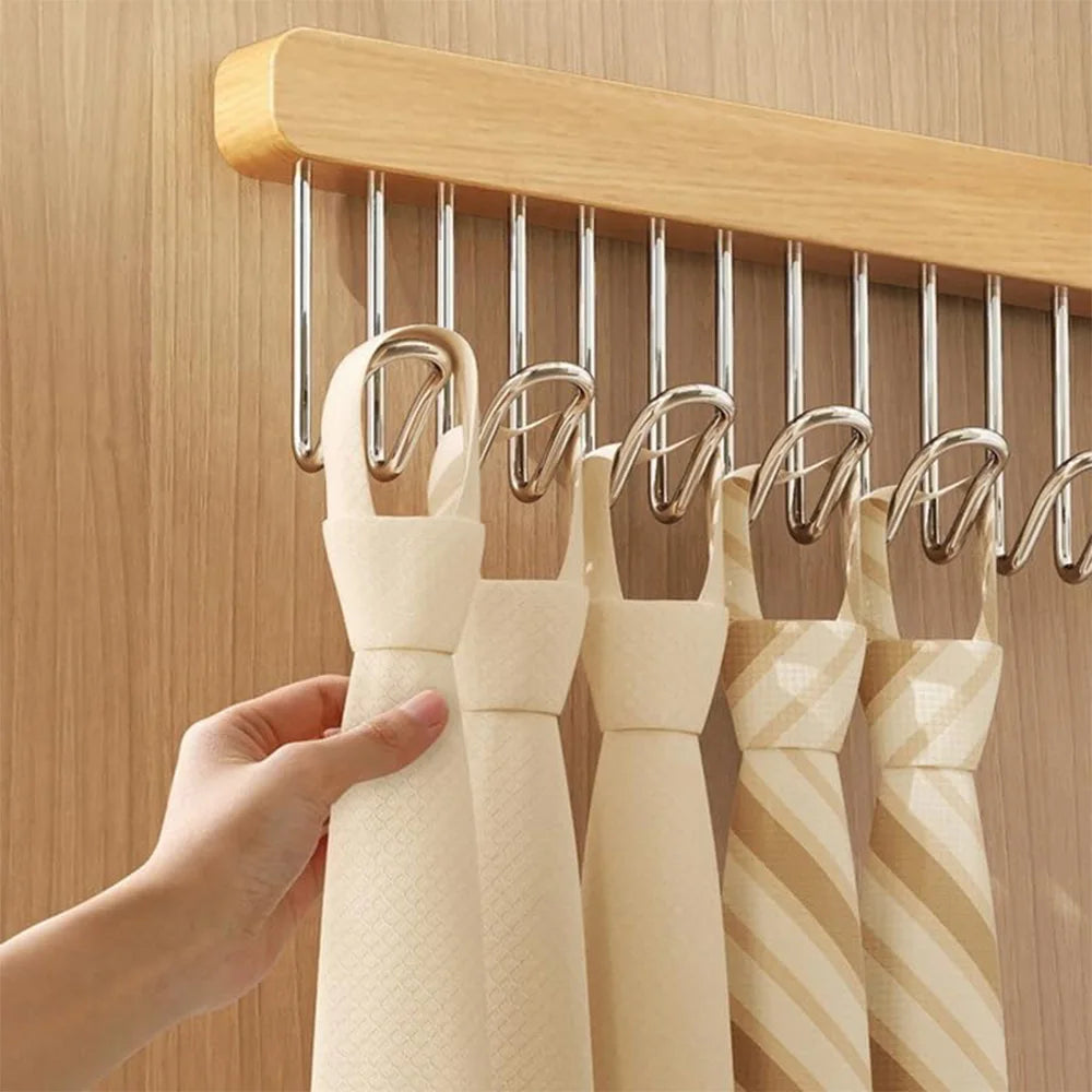 Wall-Mounted Retractable Wooden Hanger Storage Rack with Utility Hooks