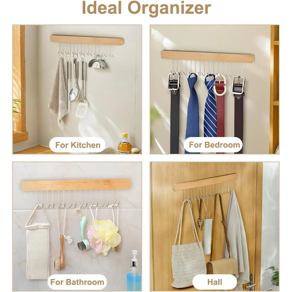 Wall-Mounted Retractable Wooden Hanger Storage Rack with Utility Hooks