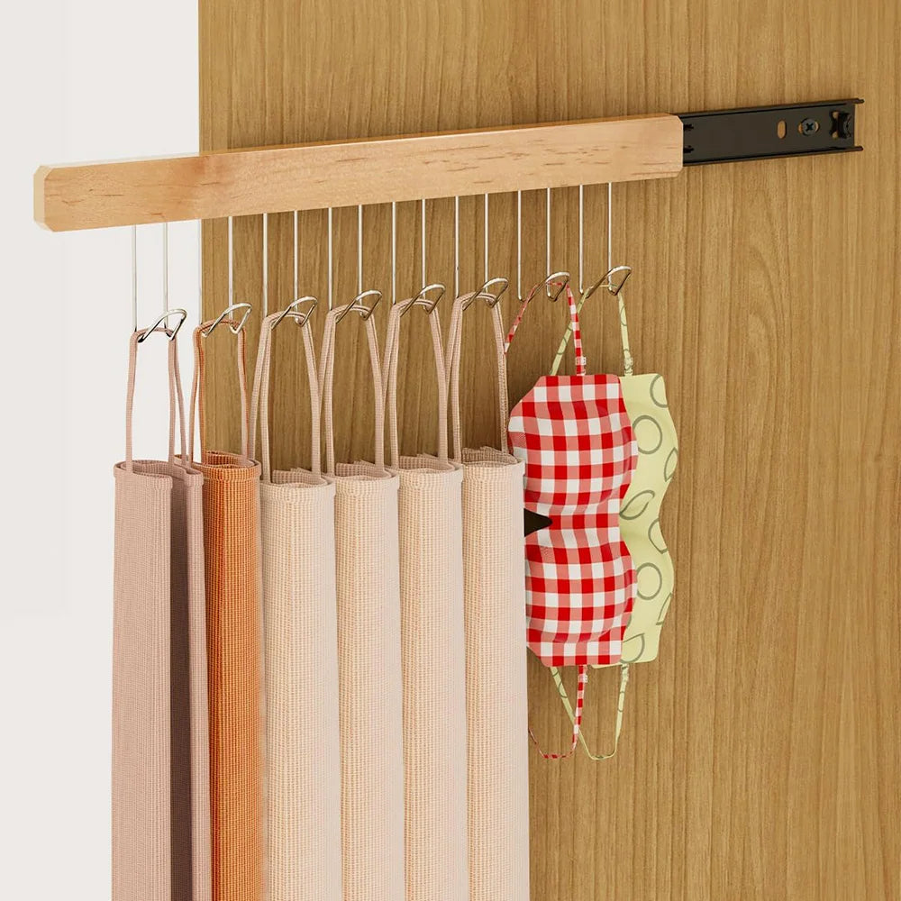 Wall-Mounted Retractable Wooden Hanger Storage Rack with Utility Hooks
