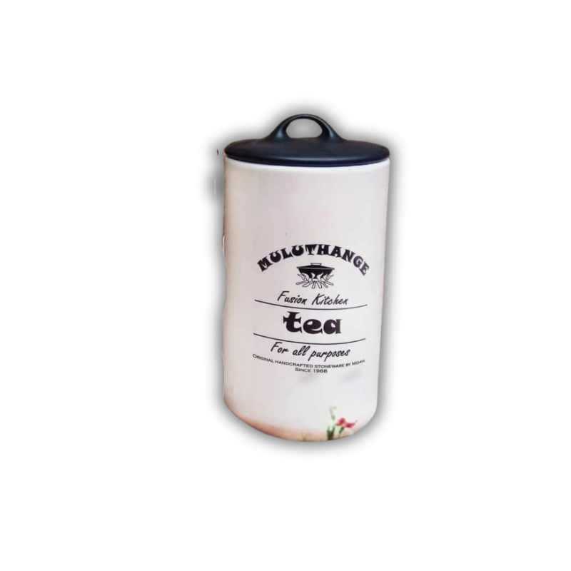Muluthange ceramic tea storage jar with airtight black lid. Elegant and durable kitchen canister for tea storage in Sri Lanka.