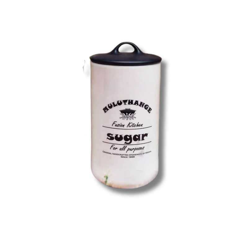 Muluthange ceramic storage canister labeled sugar with a black lid. Decorative and functional food storage bottle for kitchen use in Sri Lanka.