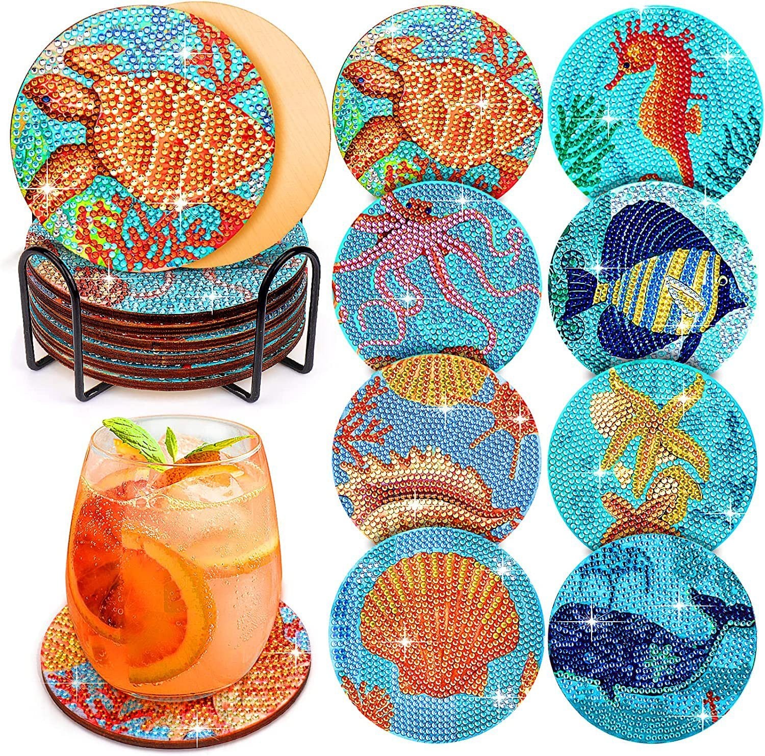 8PCS Ocean Series Painting Coaster Wooden Set
