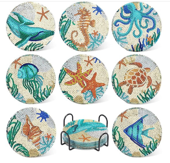 8PCS Ocean Series Painting Coaster Wooden Set