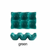 Green Ceramic Egg Holder 6 Grid with top and side views, showcasing durable design for secure egg storage in kitchen accessories.