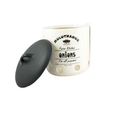 Ceramic Onion Storage Jar Muluthange with black lid, featuring ventilation holes to keep produce fresh in kitchen storage.