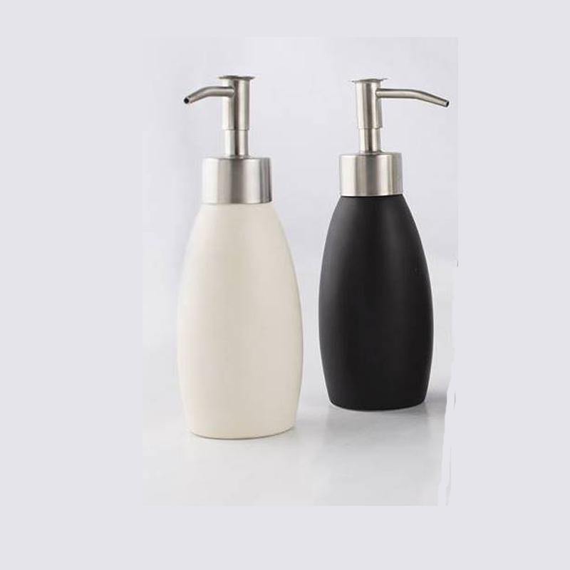 Ceramic Liquid Soap Dispenser 165 ml in black and white with stainless steel pump, ideal for shampoo or lotion use in modern Sri Lanka bathrooms.